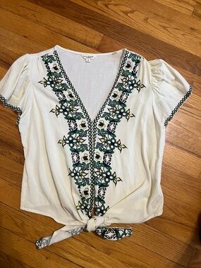 Max Studio Cream  Tie-Front Blouse with Green & Yellow Floral Embroidery